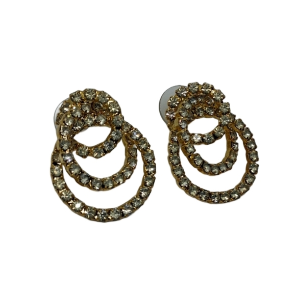 Vintage Y2K Triple Hoop Rhinestone Earrings – Gold Tone Glam Statement Jewelry - Picture 4 of 5